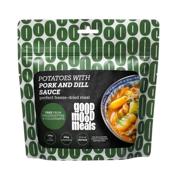 Liofilizēta pārtika Good Mood Meals kartupeļi ar cūkgaļas un diļļu mērci